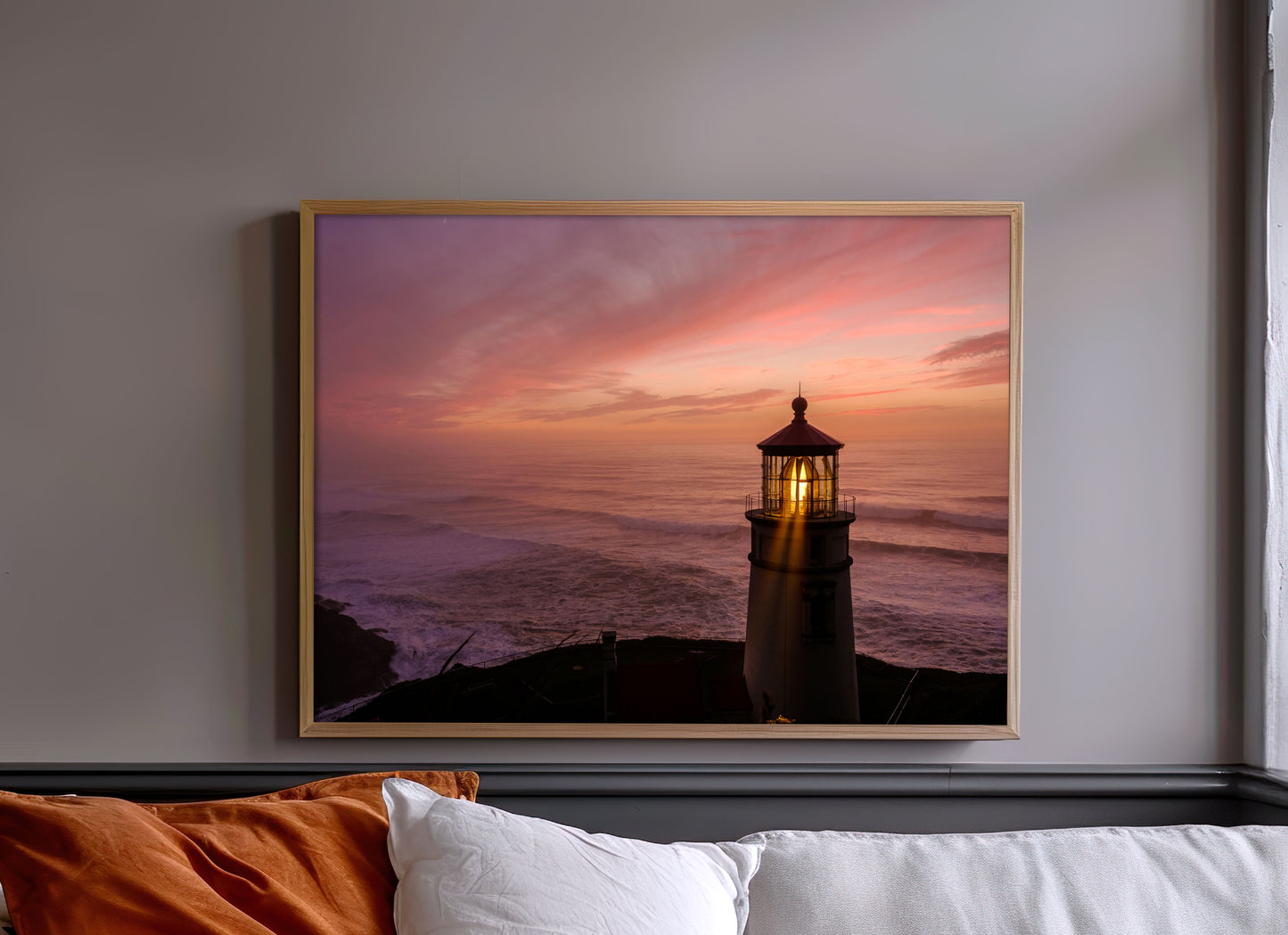 Lighthouse Sunset Print, Coastal Ocean Photography Wall Art Poster, Seaside Beach Decor