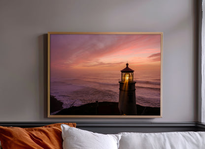 Lighthouse Sunset Print, Coastal Ocean Photography Wall Art Poster, Seaside Beach Decor