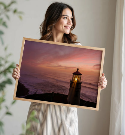 Lighthouse Sunset Print, Coastal Ocean Photography Wall Art Poster, Seaside Beach Decor