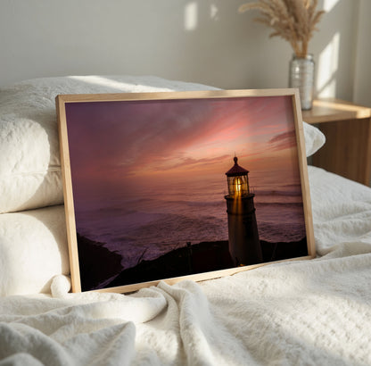 Lighthouse Sunset Print, Coastal Ocean Photography Wall Art Poster, Seaside Beach Decor