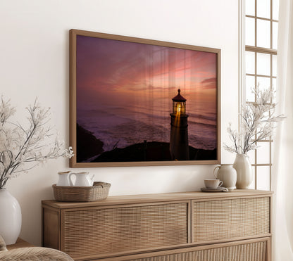 Lighthouse Sunset Print, Coastal Ocean Photography Wall Art Poster, Seaside Beach Decor