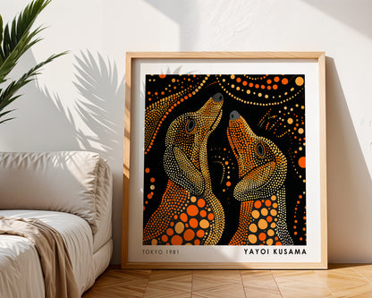 Yayoi Kusama Inspired Orange Polka Dot Wolf Print | Black Japanese Animal Wall Art