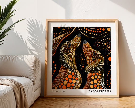 Yayoi Kusama Inspired Orange Polka Dot Wolf Print | Black Japanese Animal Wall Art