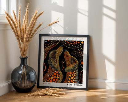 Yayoi Kusama Inspired Orange Polka Dot Wolf Print | Black Japanese Animal Wall Art