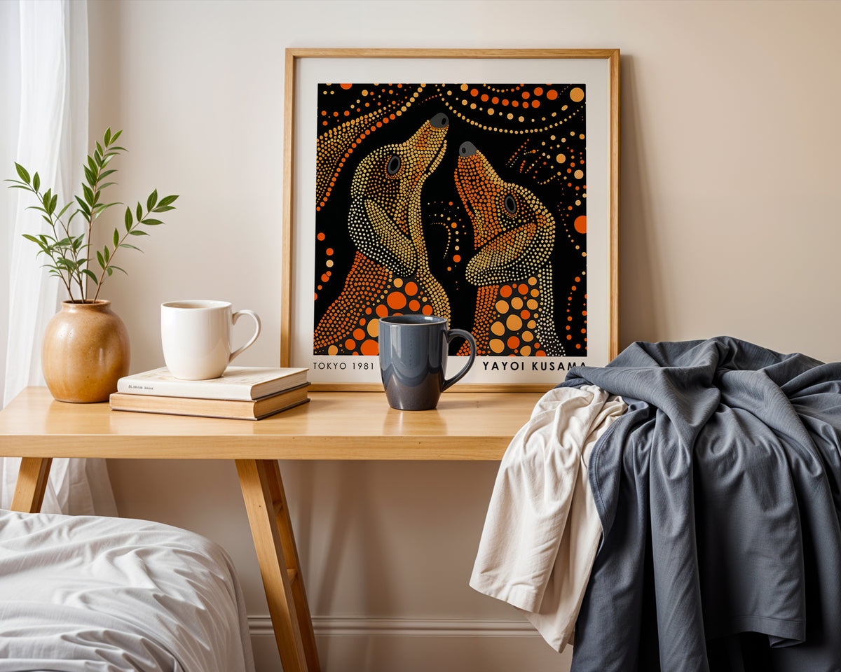 Yayoi Kusama Inspired Orange Polka Dot Wolf Print | Black Japanese Animal Wall Art
