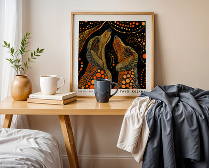 Yayoi Kusama Inspired Orange Polka Dot Wolf Print | Black Japanese Animal Wall Art