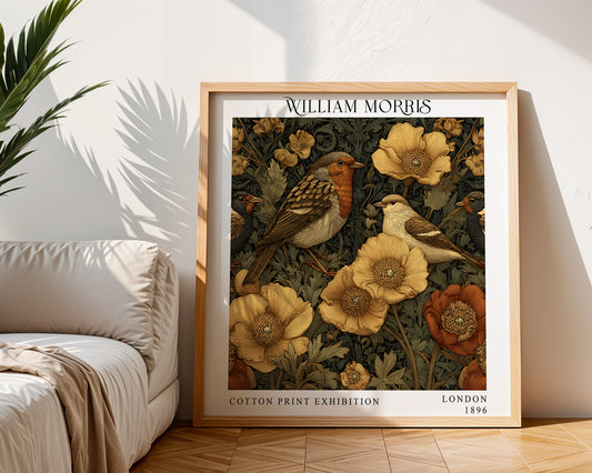 William Morris Style Robin & Songbirds Print – Gold Floral Square Wall Art