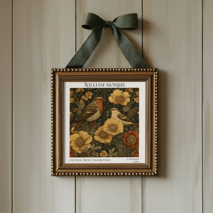William Morris Style Robin & Songbirds Print – Gold Floral Square Wall Art