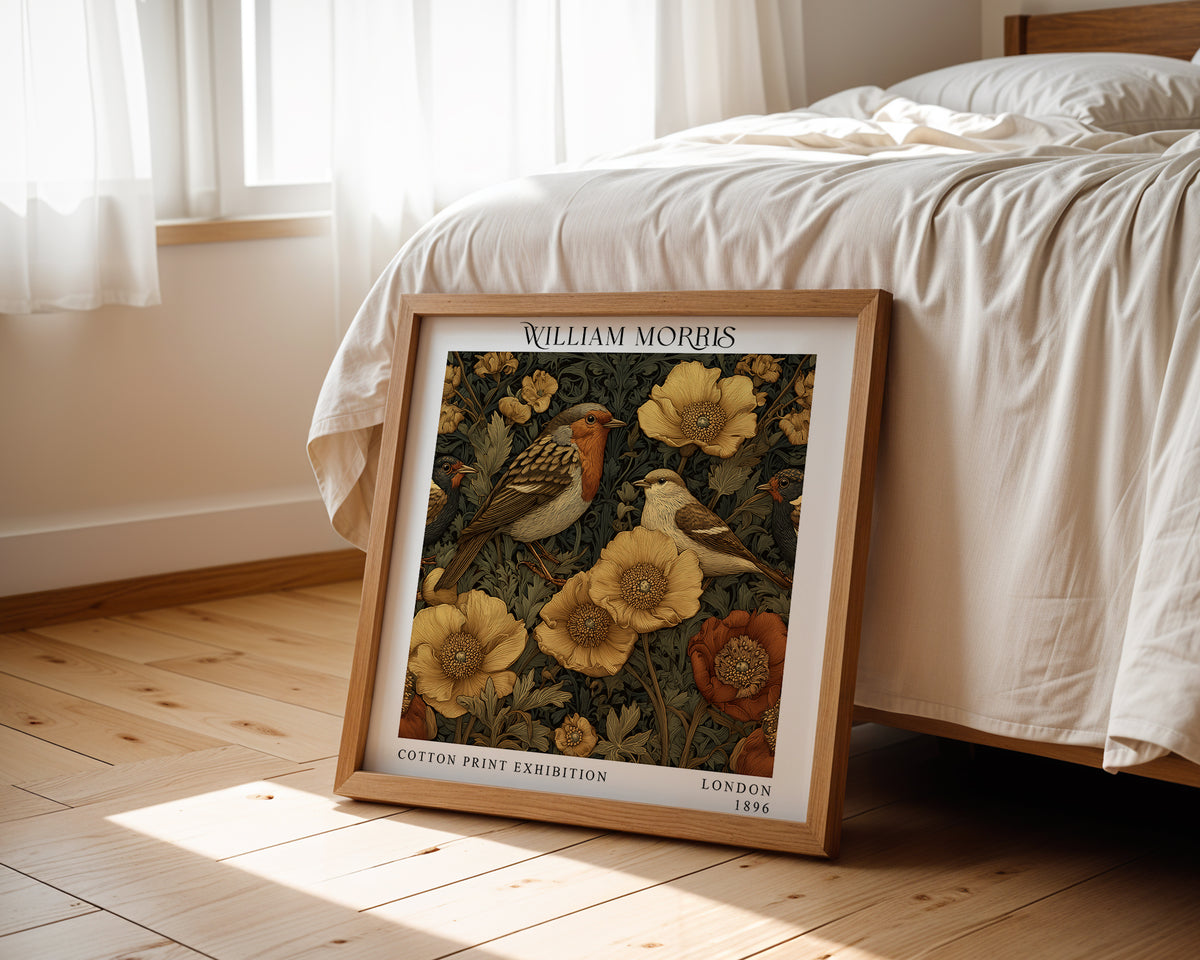 William Morris Style Robin & Songbirds Print – Gold Floral Square Wall Art