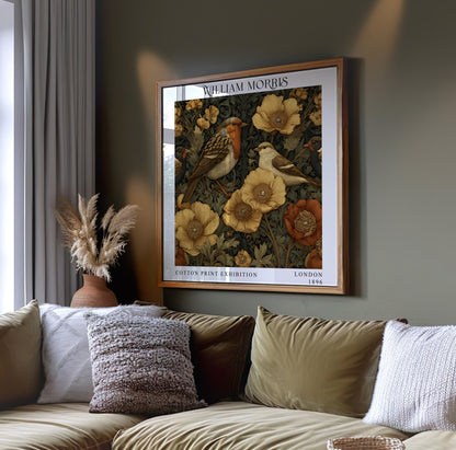William Morris Style Robin & Songbirds Print – Gold Floral Square Wall Art