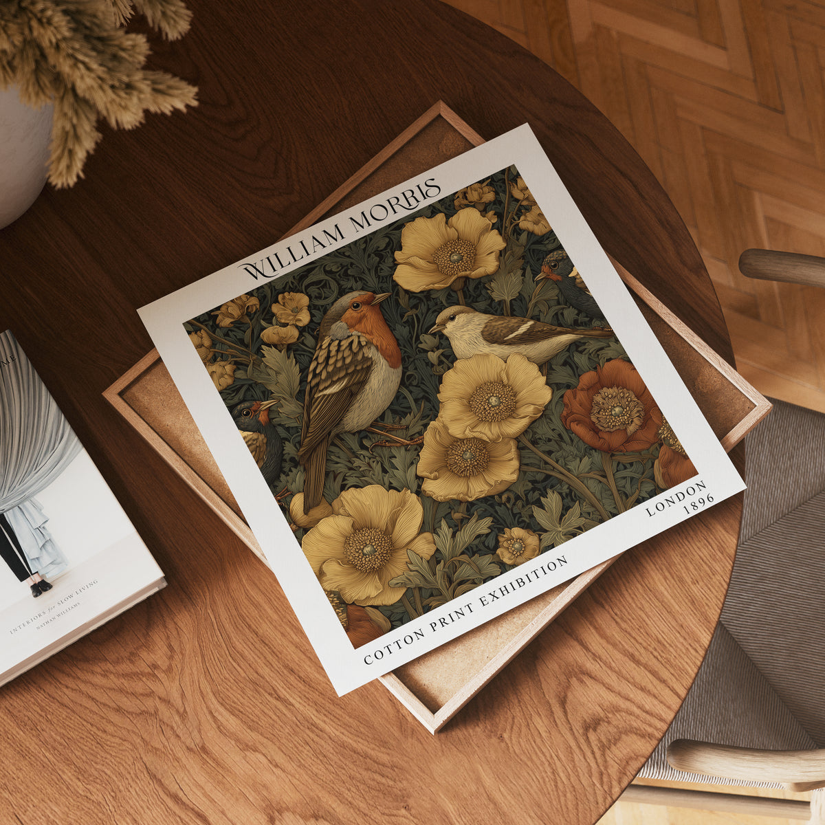William Morris Style Robin & Songbirds Print – Gold Floral Square Wall Art