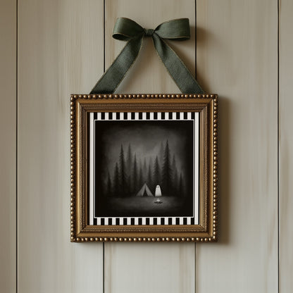 Ghost camping gothic print displayed in an ornate gold frame with green ribbon