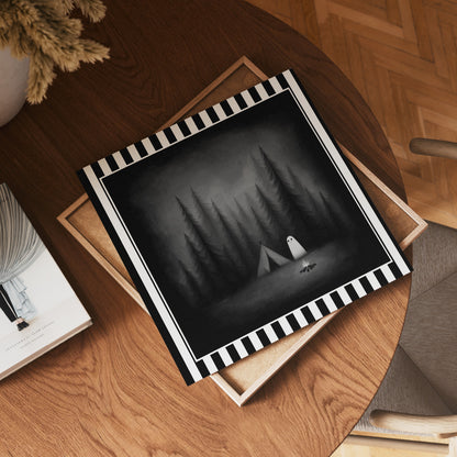 Ghost camping gothic print shown as a square print mockup on a wooden table