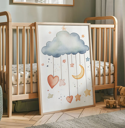 Watercolour cloud mobile nursery wall art with moon hearts and stars