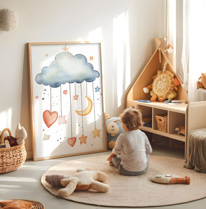 Cloud moon stars and hearts nursery print displayed in a bright child's room