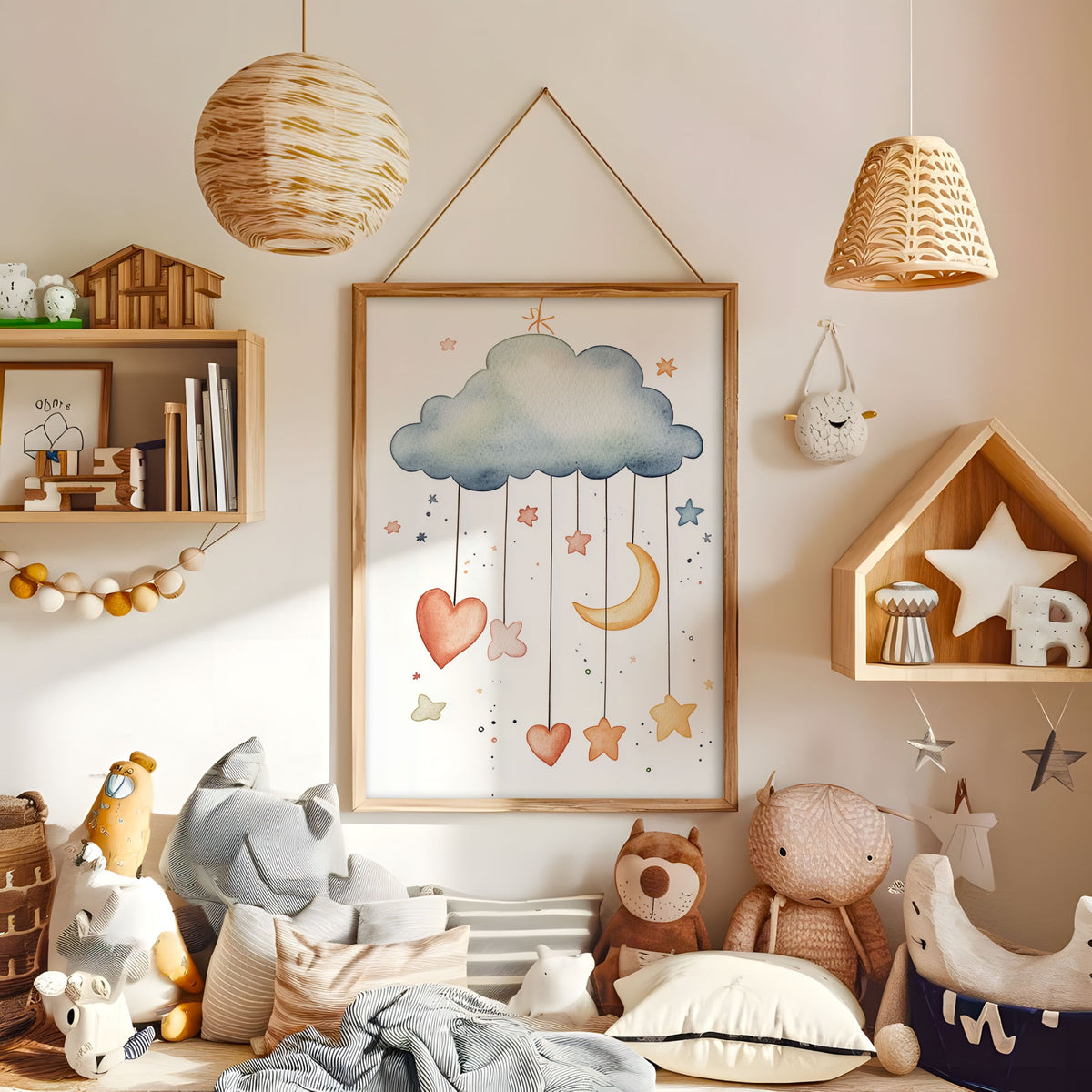 Watercolour cloud mobile nursery wall art in a warm neutral kids bedroom