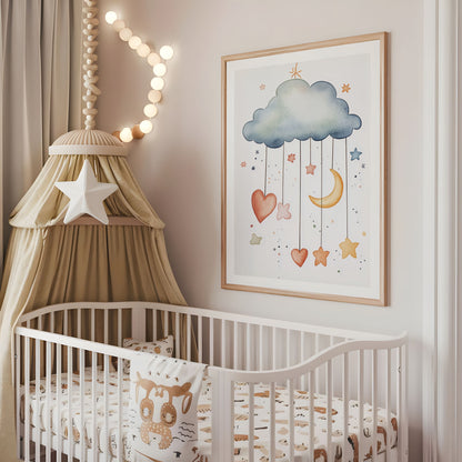 Cloud moon hearts and stars nursery print displayed above a cot