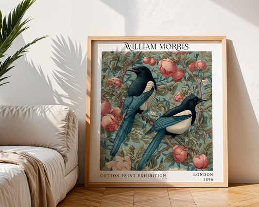 William Morris Style Magpie Pair Print – Pink Blossom Square Wall Art