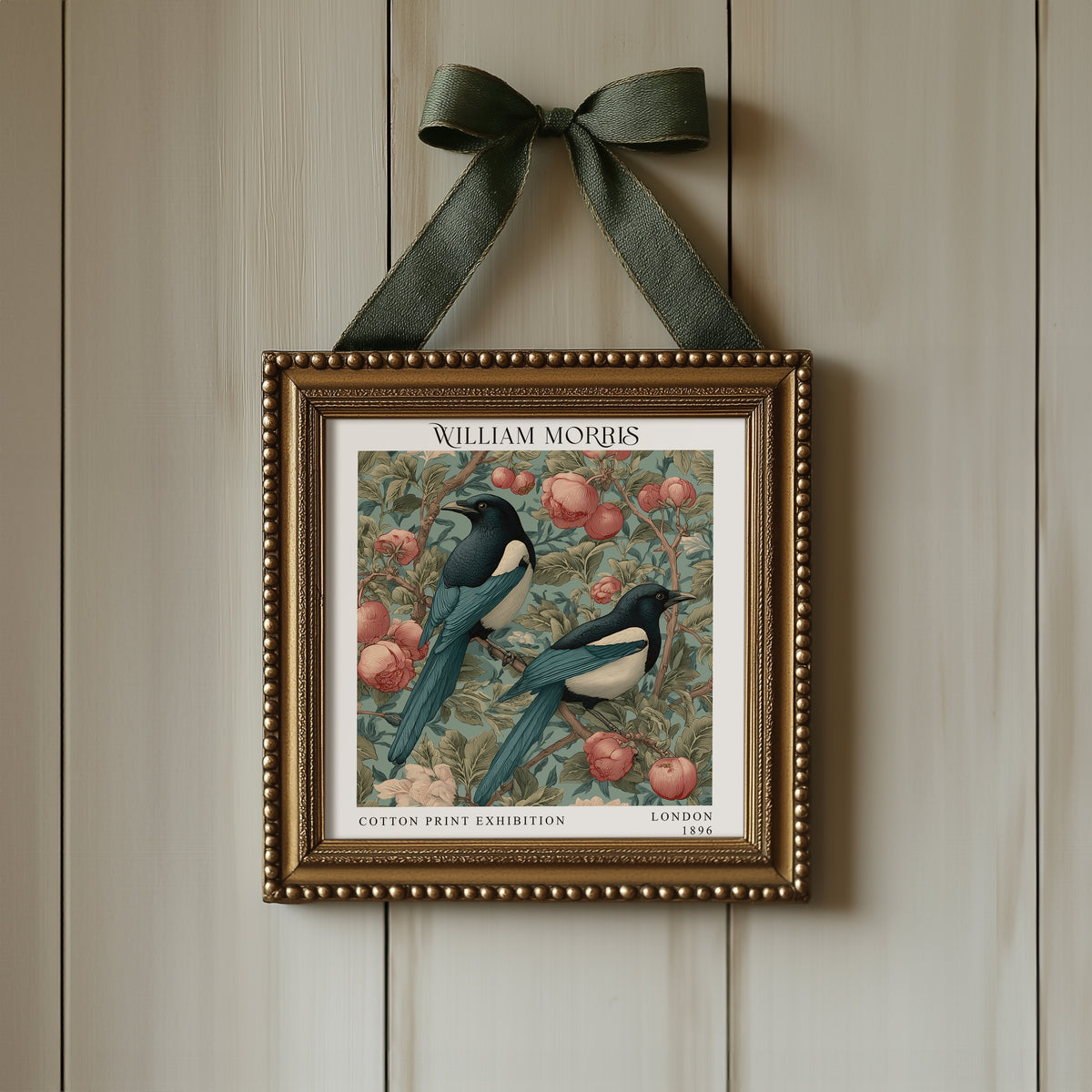 William Morris Style Magpie Pair Print – Pink Blossom Square Wall Art