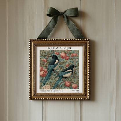 William Morris Style Magpie Pair Print – Pink Blossom Square Wall Art