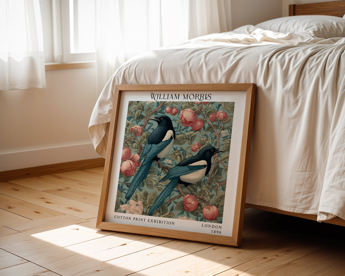William Morris Style Magpie Pair Print – Pink Blossom Square Wall Art