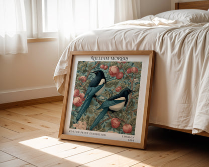 William Morris Style Magpie Pair Print – Pink Blossom Square Wall Art