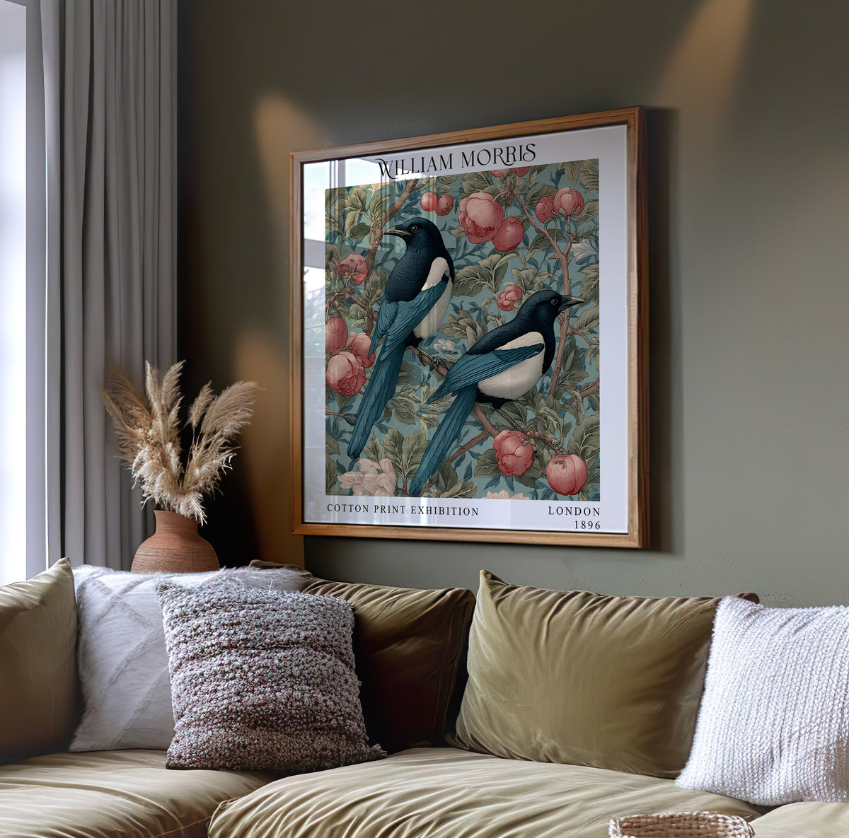 William Morris Style Magpie Pair Print – Pink Blossom Square Wall Art