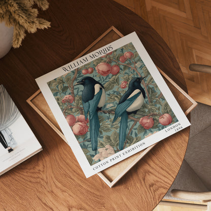 William Morris Style Magpie Pair Print – Pink Blossom Square Wall Art