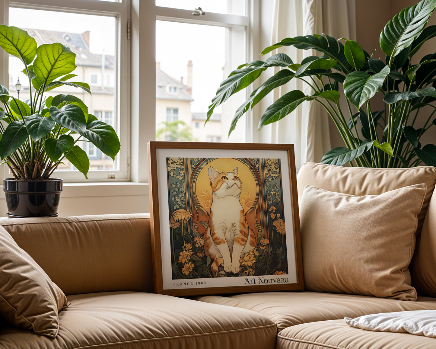 Cat Art Nouveau Print - Art Deco Poster - Vintage Floral Wall Art