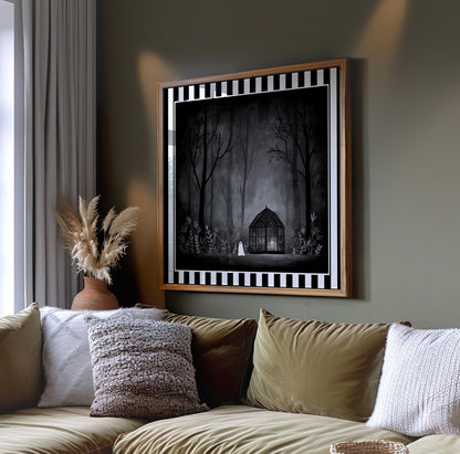 Ghost greenhouse gothic print displayed in a light wood frame above a sofa