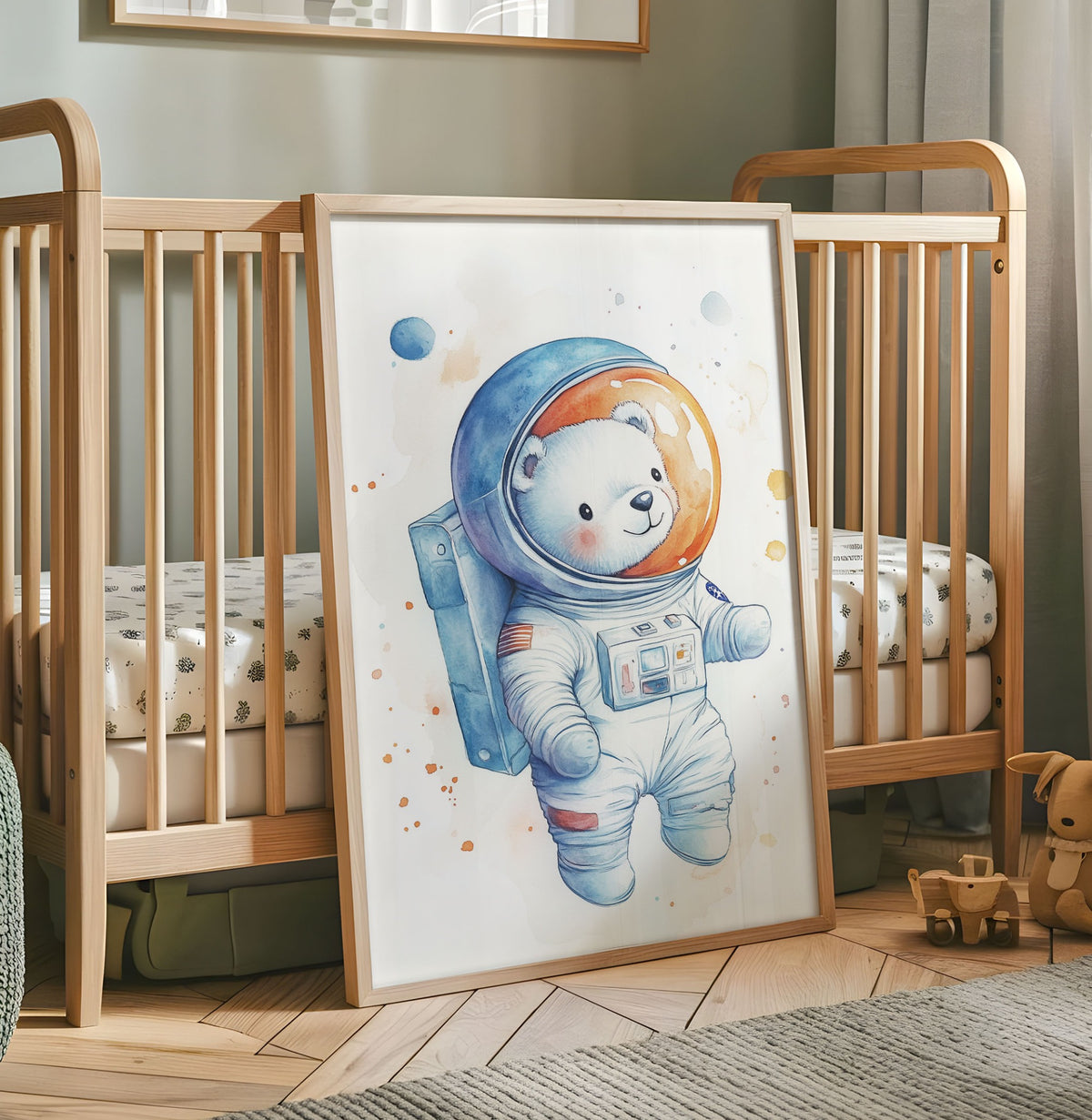 Cute polar bear astronaut nursery wall art print in blue and orange watercolour