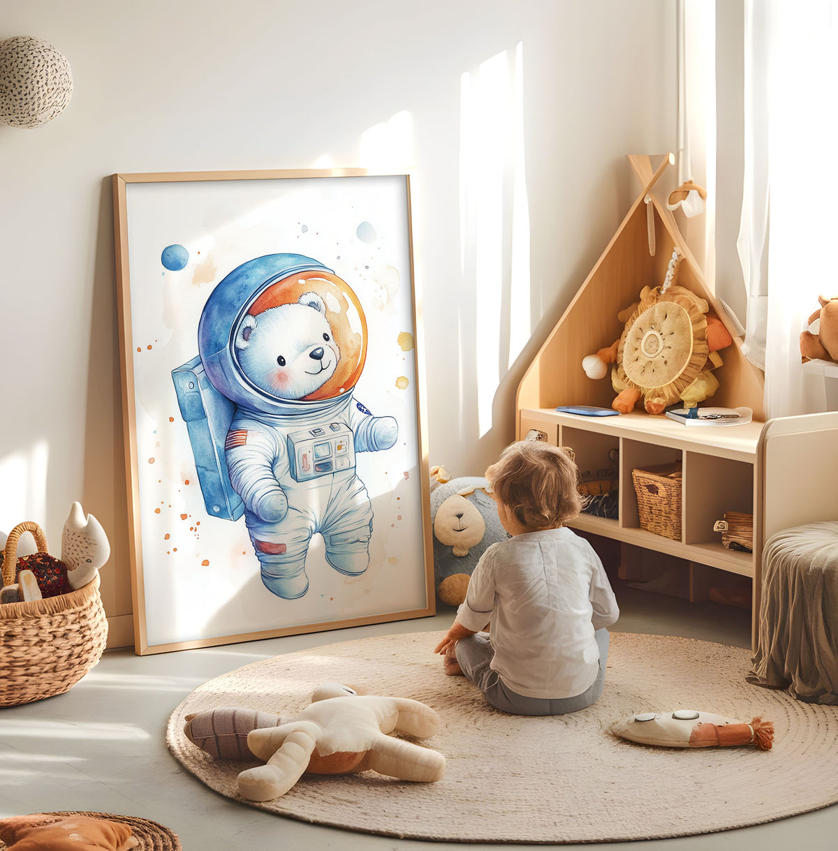 Astronaut bear nursery print displayed in a bright child's room