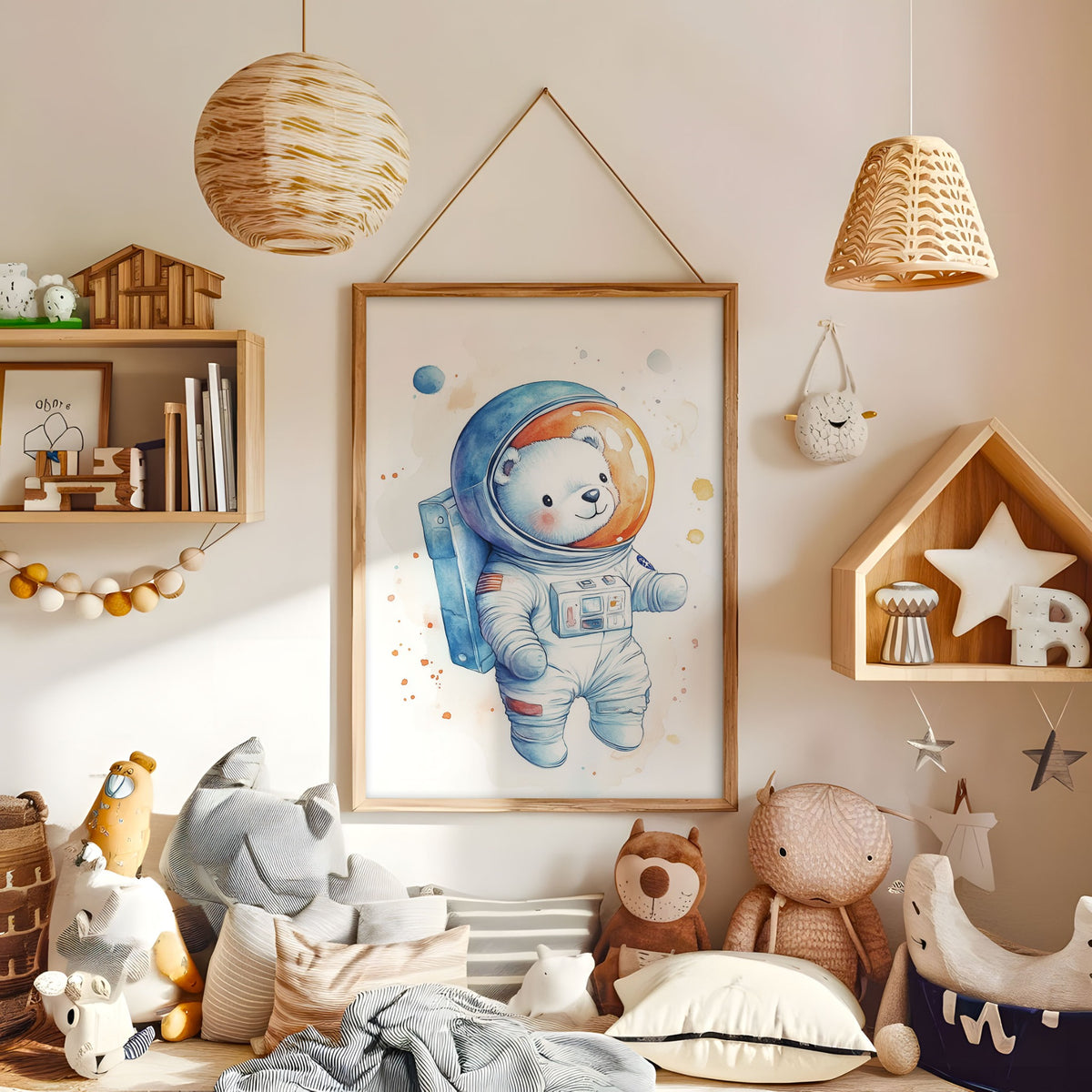 Cute space bear astronaut nursery wall art in a warm kids bedroom