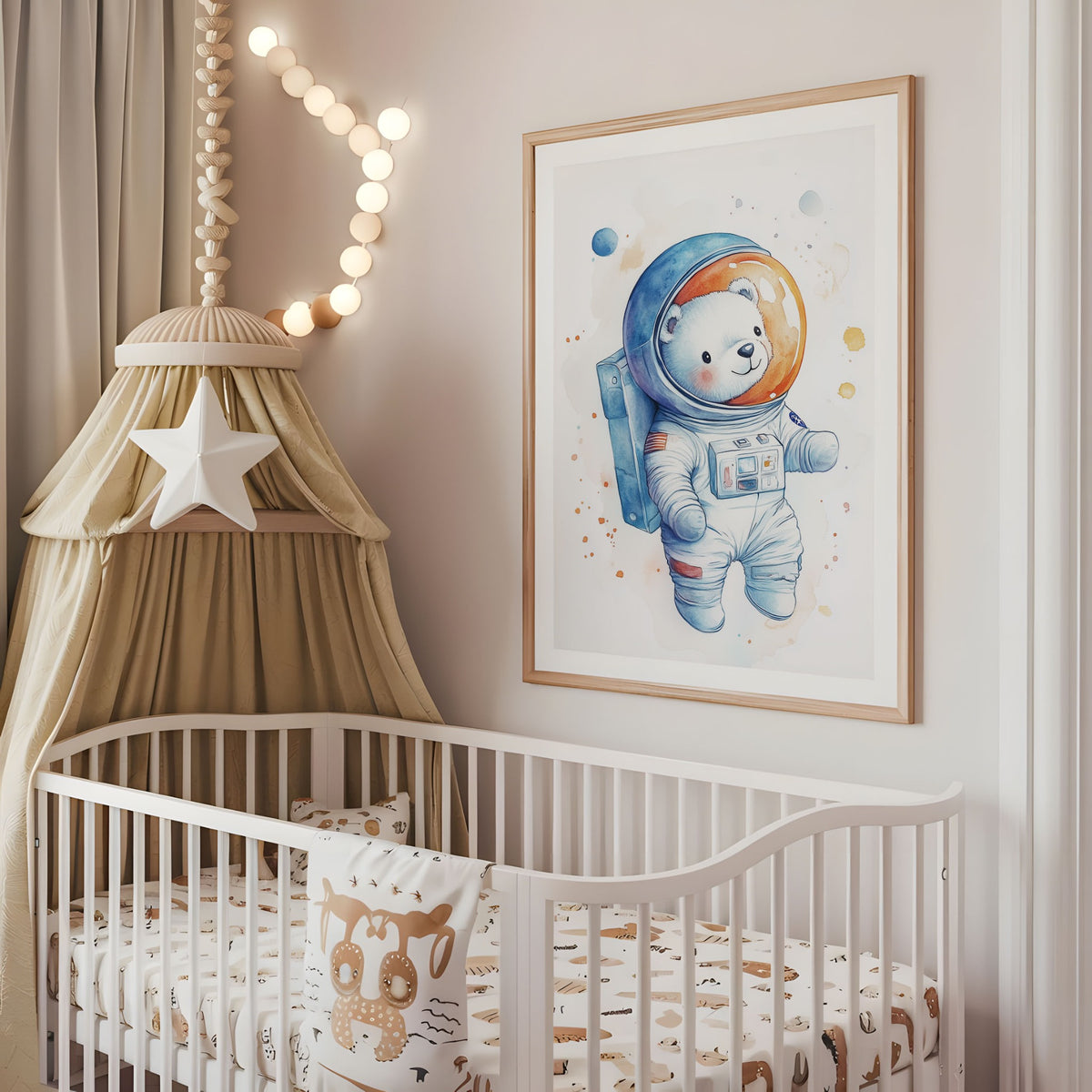 Astronaut bear nursery wall art displayed above a cot