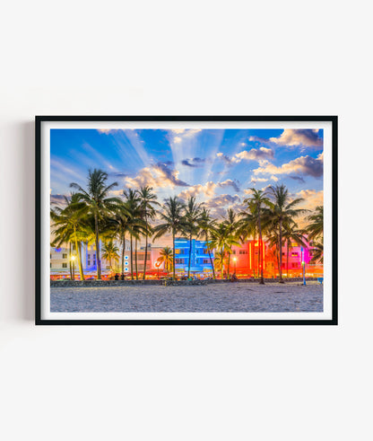 Miami Beach Print, Neon Palm Tree Photography Wall Art Poster, Tropical City Decor