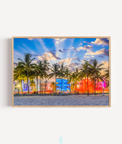 Miami Beach Print, Neon Palm Tree Photography Wall Art Poster, Tropical City Decor