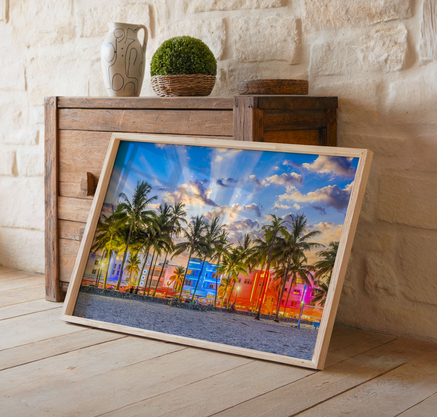 Miami Beach Print, Neon Palm Tree Photography Wall Art Poster, Tropical City Decor