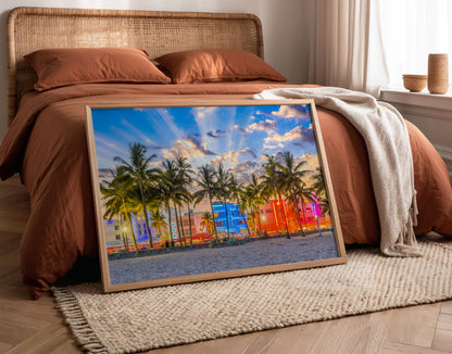 Miami Beach Print, Neon Palm Tree Photography Wall Art Poster, Tropical City Decor