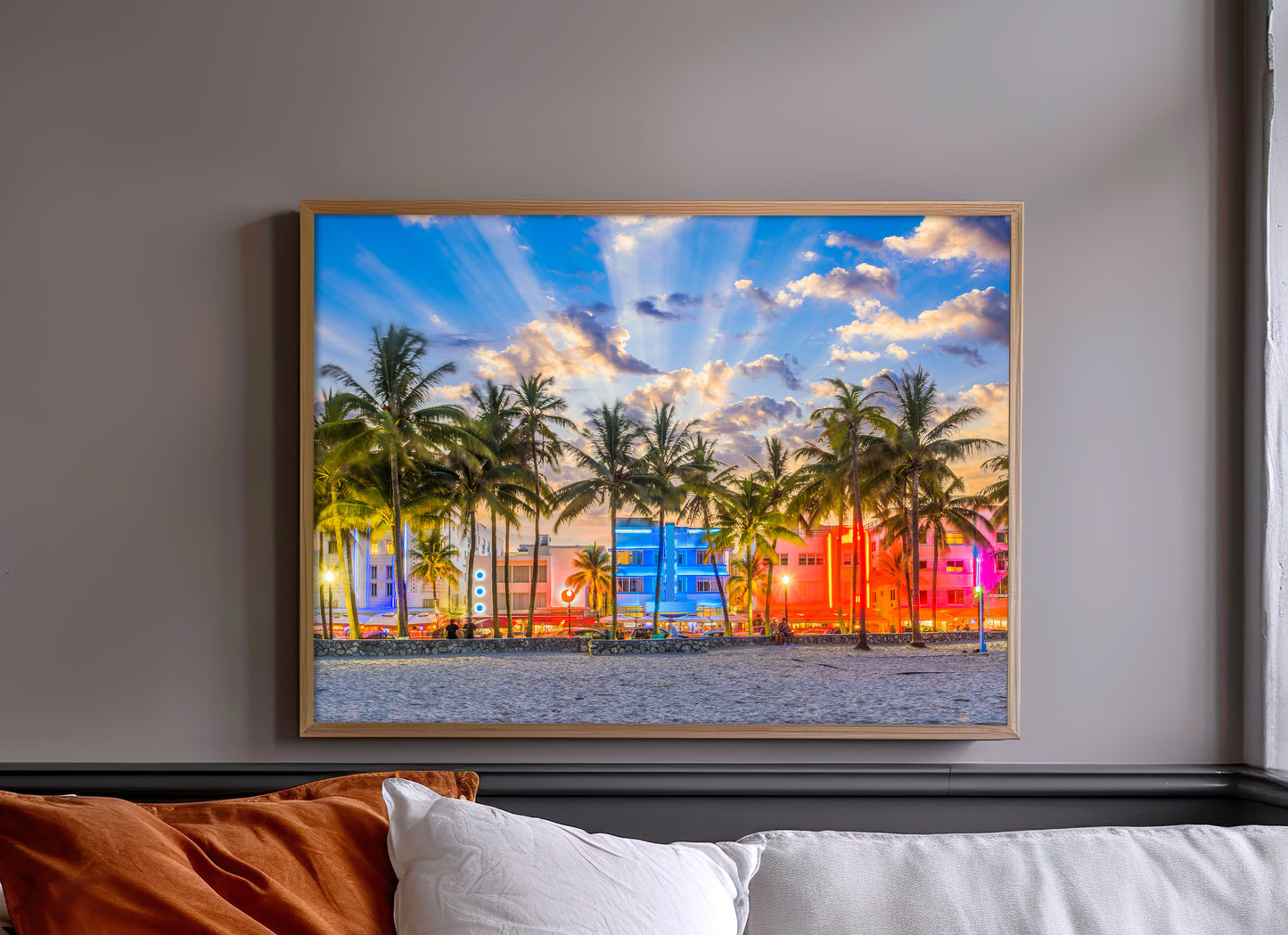 Miami Beach Print, Neon Palm Tree Photography Wall Art Poster, Tropical City Decor