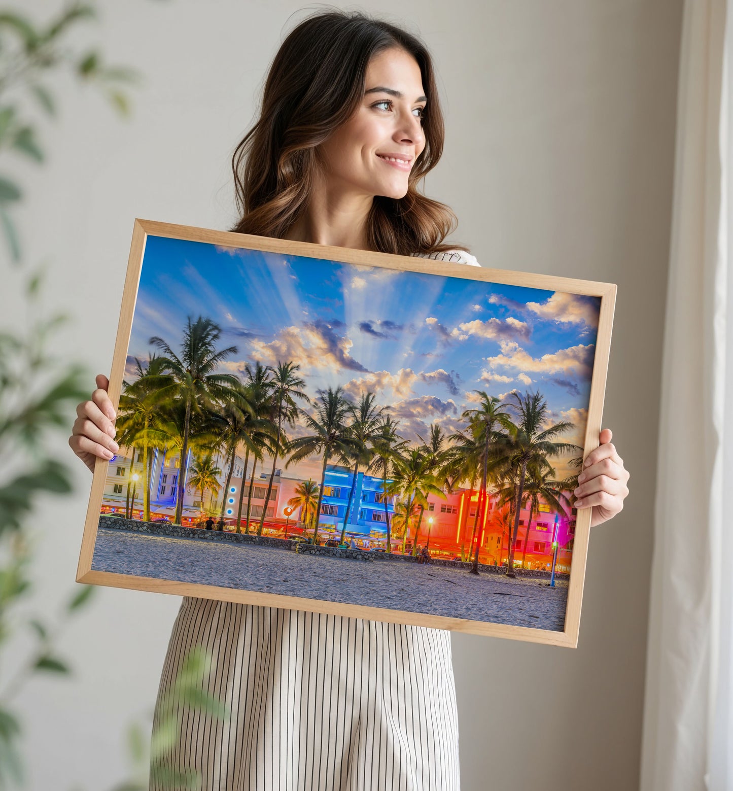 Miami Beach Print, Neon Palm Tree Photography Wall Art Poster, Tropical City Decor