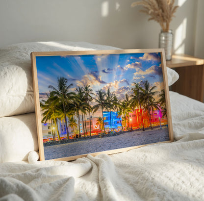 Miami Beach Print, Neon Palm Tree Photography Wall Art Poster, Tropical City Decor