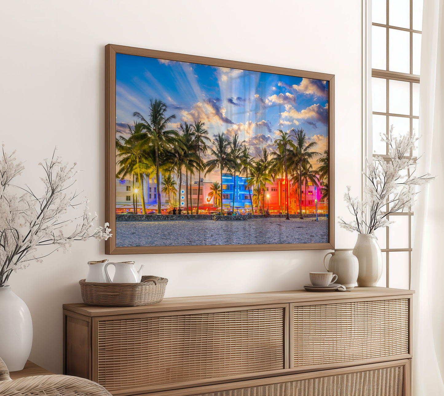 Miami Beach Print, Neon Palm Tree Photography Wall Art Poster, Tropical City Decor