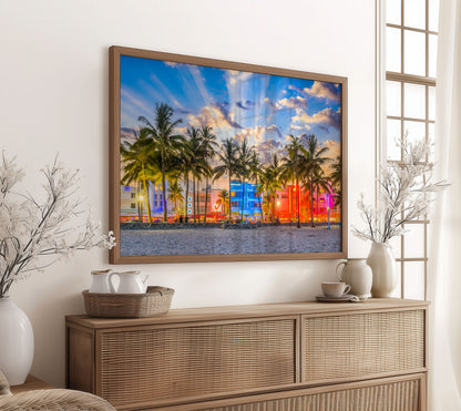 Miami Beach Print, Neon Palm Tree Photography Wall Art Poster, Tropical City Decor