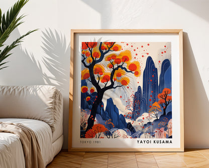 Yayoi Kusama Inspired Orange Tree Landscape Print | Japanese Blue Mountain Wall Art