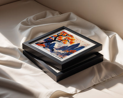 Yayoi Kusama Inspired Orange Tree Landscape Print | Japanese Blue Mountain Wall Art