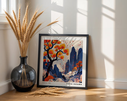 Yayoi Kusama Inspired Orange Tree Landscape Print | Japanese Blue Mountain Wall Art
