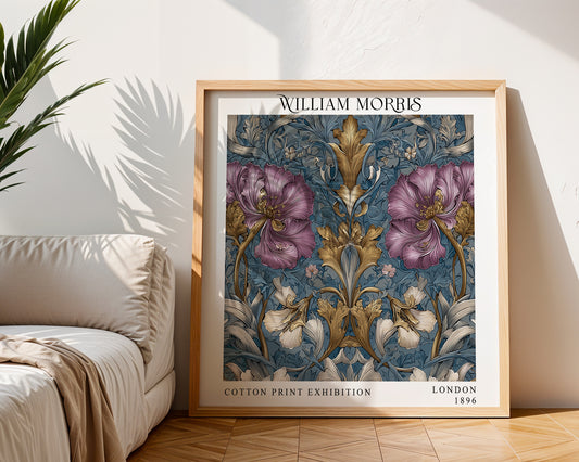 William Morris Style Purple Floral Print – Blue Botanical Square Wall Art