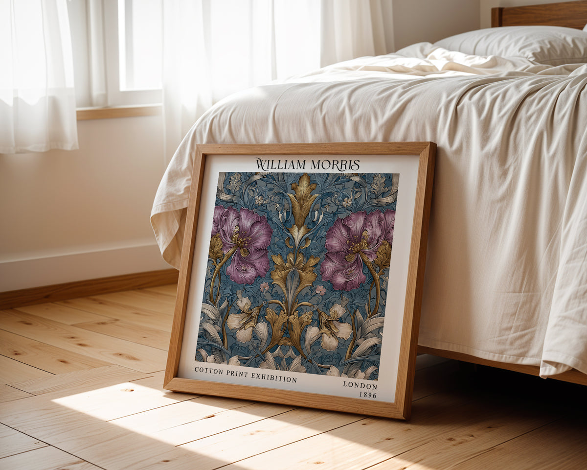 William Morris Style Purple Floral Print – Blue Botanical Square Wall Art