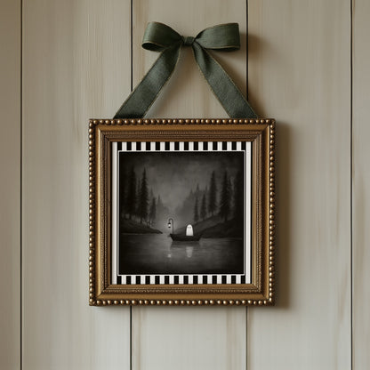 Ghost fishing gothic print displayed in an ornate gold frame with green ribbon