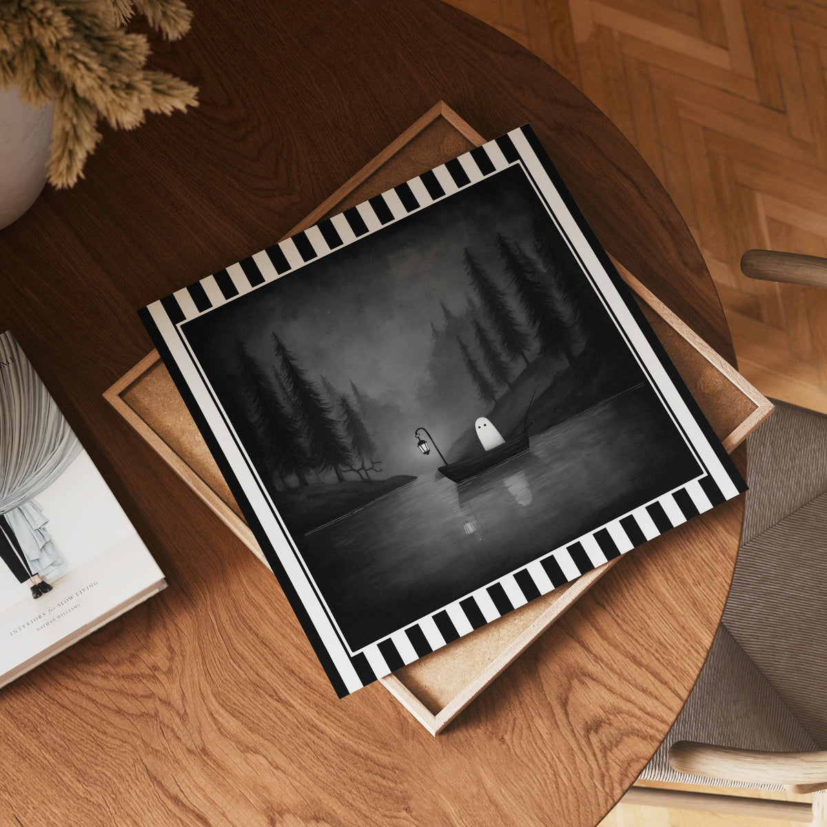 Ghost fishing gothic print shown as a square print mockup on a wooden table